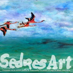 painting of flamingos on the sea