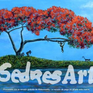 surreal painting of a flamoyan tree and monkeys