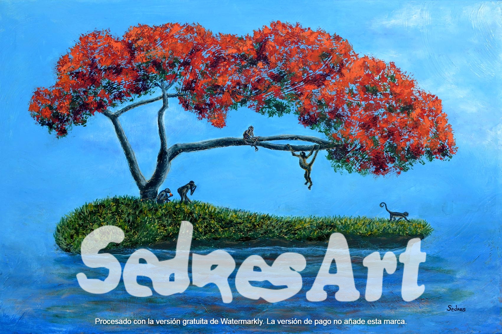 surreal painting of a flamoyan tree and monkeys surreal painting of a flamoyan tree and monkeys