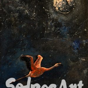 painting of a flamingo flying under the moon
