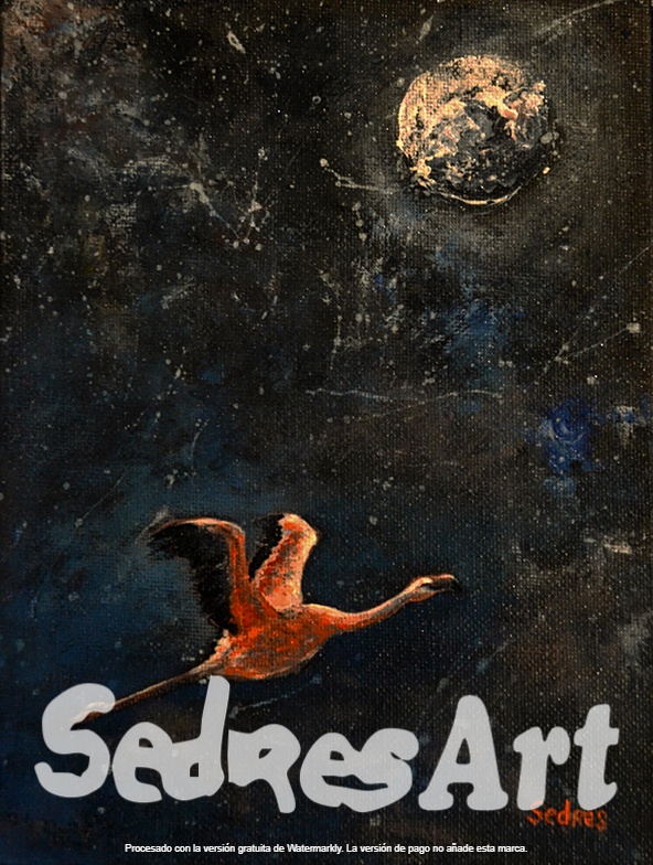 painting of a flamingo flying under the moon painting of a flamingo flying under the moon